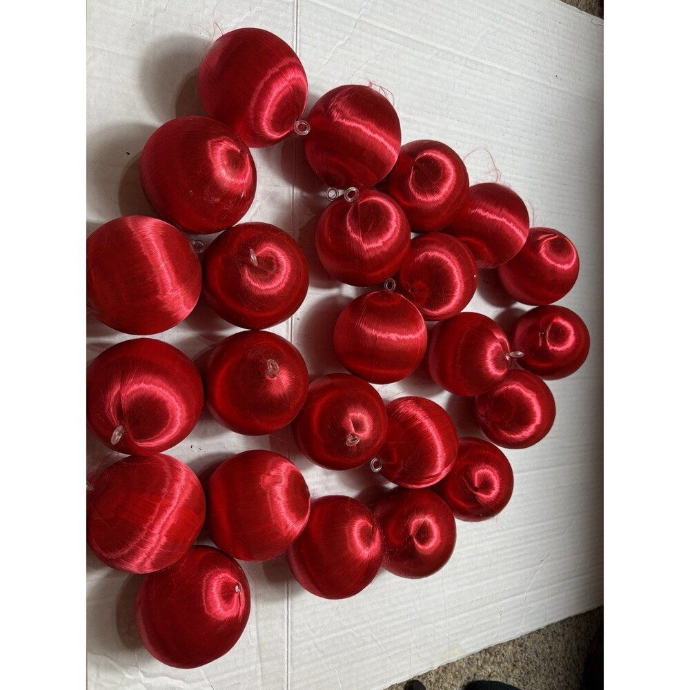 Vintage Lot of 25 Red Satin Thread Christmas Ball Ornaments 3” Holiday Decor